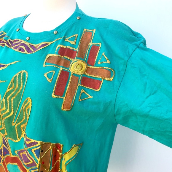 Vintage 80’s teal southwestern still life glitter puff paint novelty top shirt - Picture 4 of 9